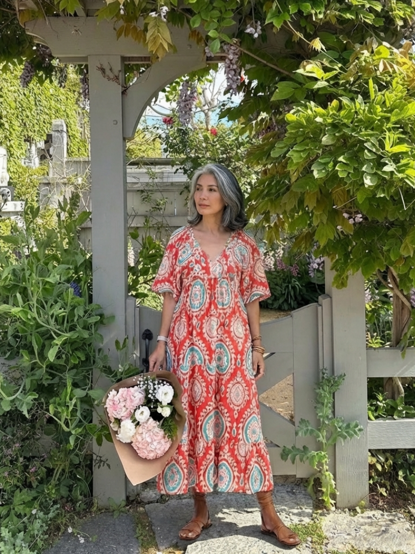 Kendall - Paisley Print V Neck Short Sleeve Midi Dress
