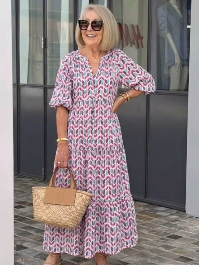 Presley - Geometric Print Long Sleeve Tiered Midi Dress
