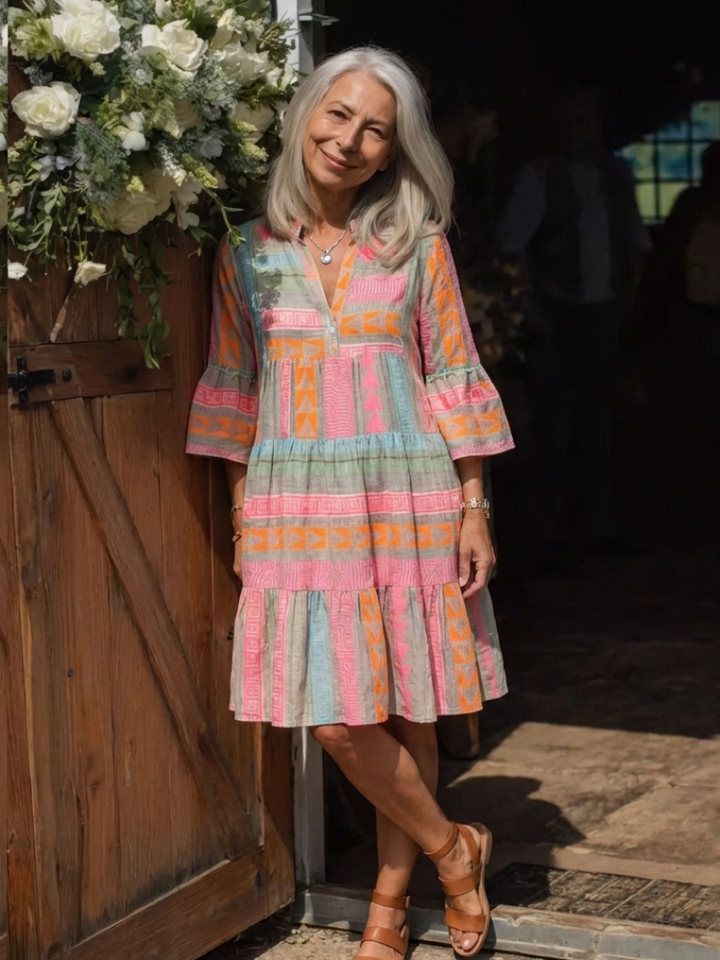Harlow - Geometric Print V Neck Tiered Knee Length Dress