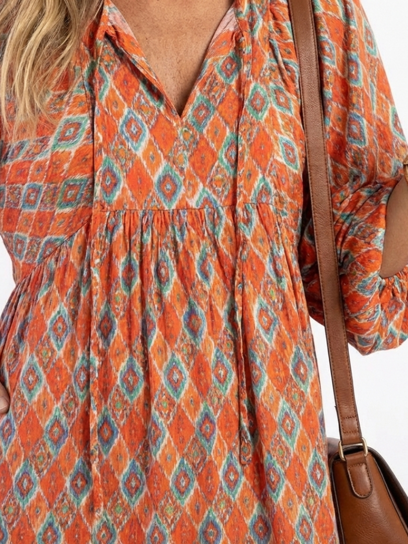Whitney - Geometric Print V Neck Tiered Midi Dress