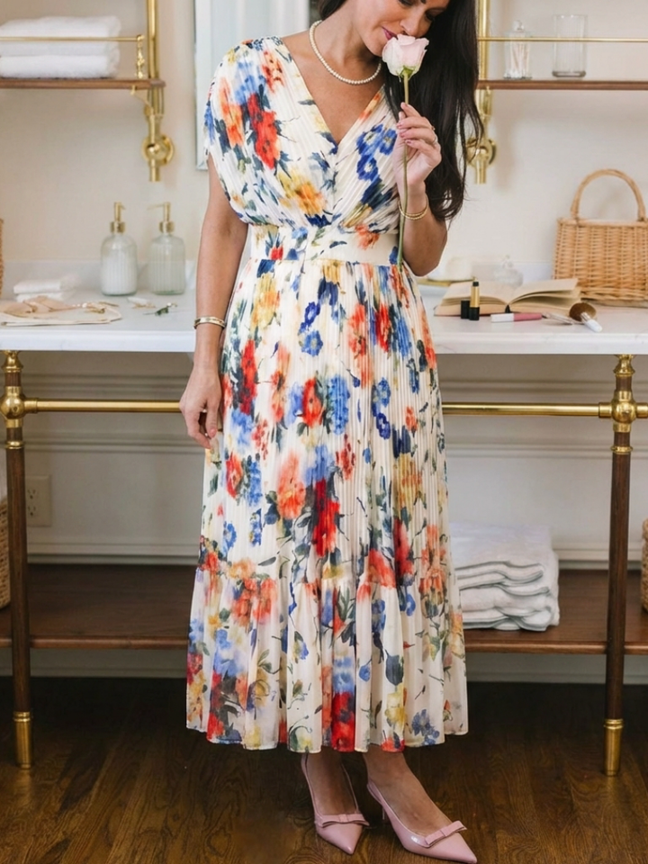 Cassidy - Short Sleeve Pleated Floral Midi Dress