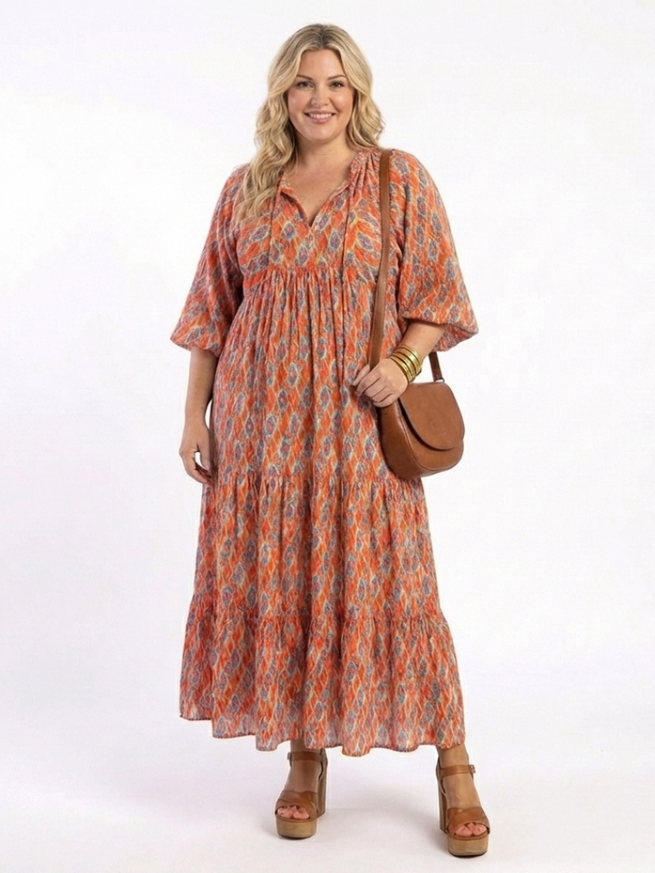 Whitney - Geometric Print V Neck Tiered Midi Dress