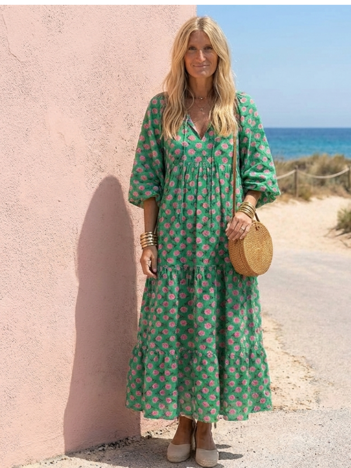 Sloane - Floral Print V Neck Tiered Midi Dress