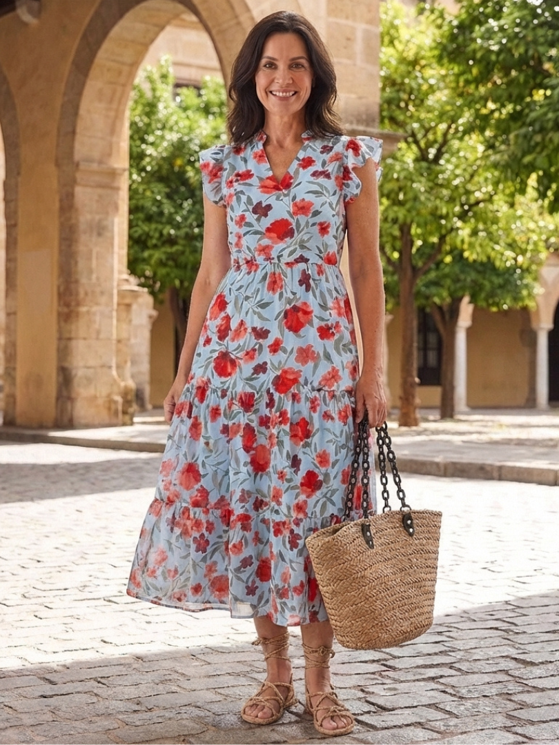 Darby - Floral V-Neck Tiered Midi Dress