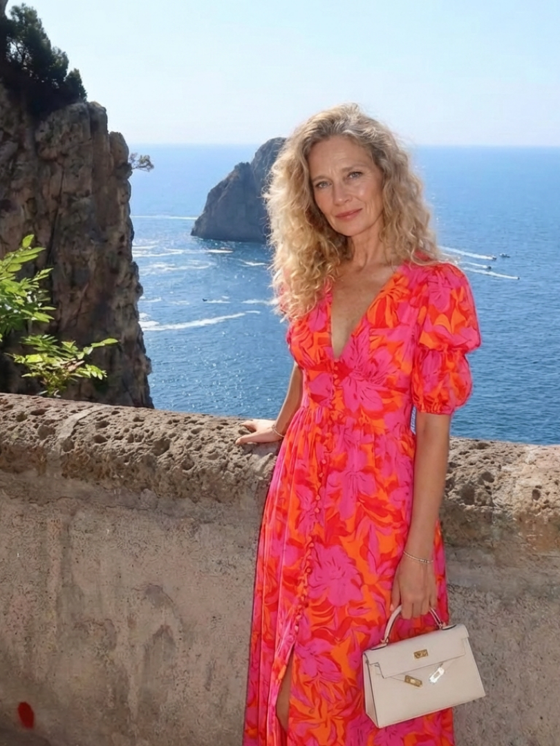 Addison - Floral V Neck Puff Sleeve Midi Dress
