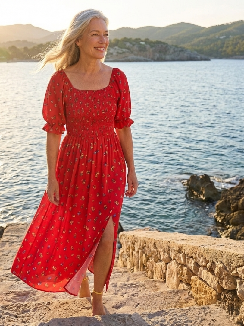 Aubrey - Square Neck Floral Puff Sleeve Midi Dress