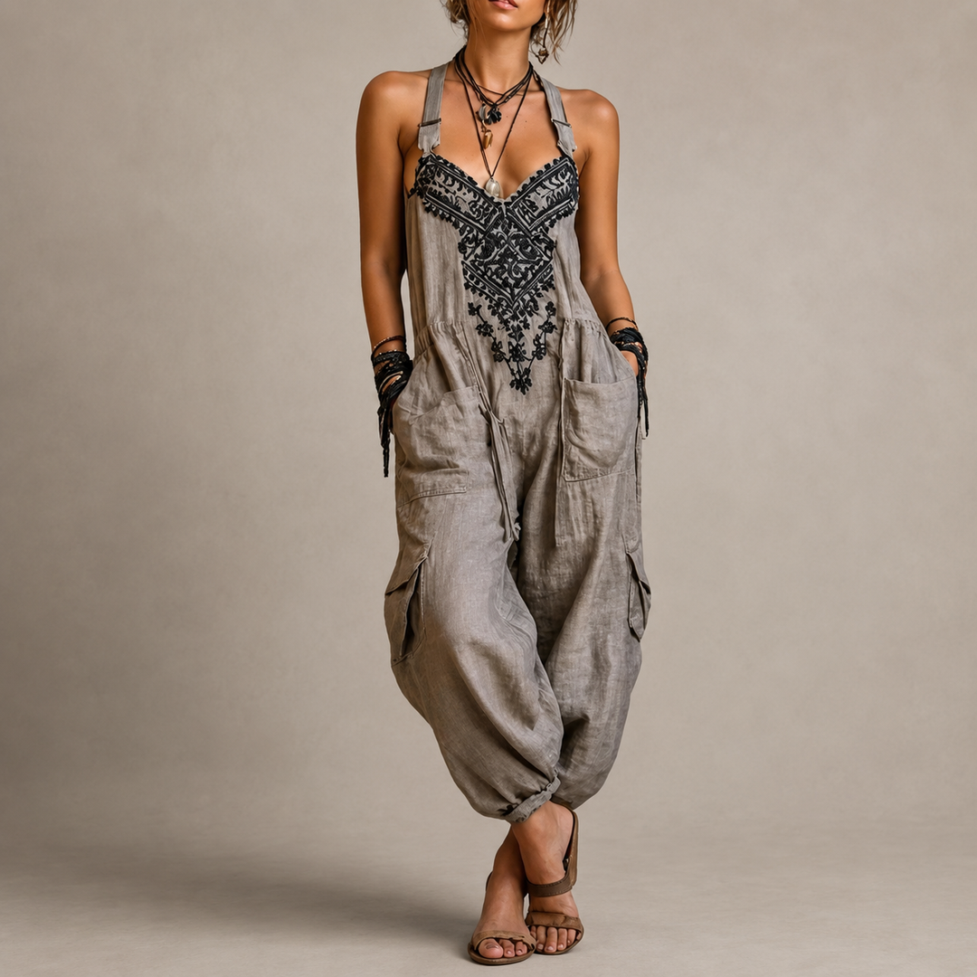 Astrid Embroidered Bohemian Jumpsuit in Gray – loose wide-leg silhouette, front view