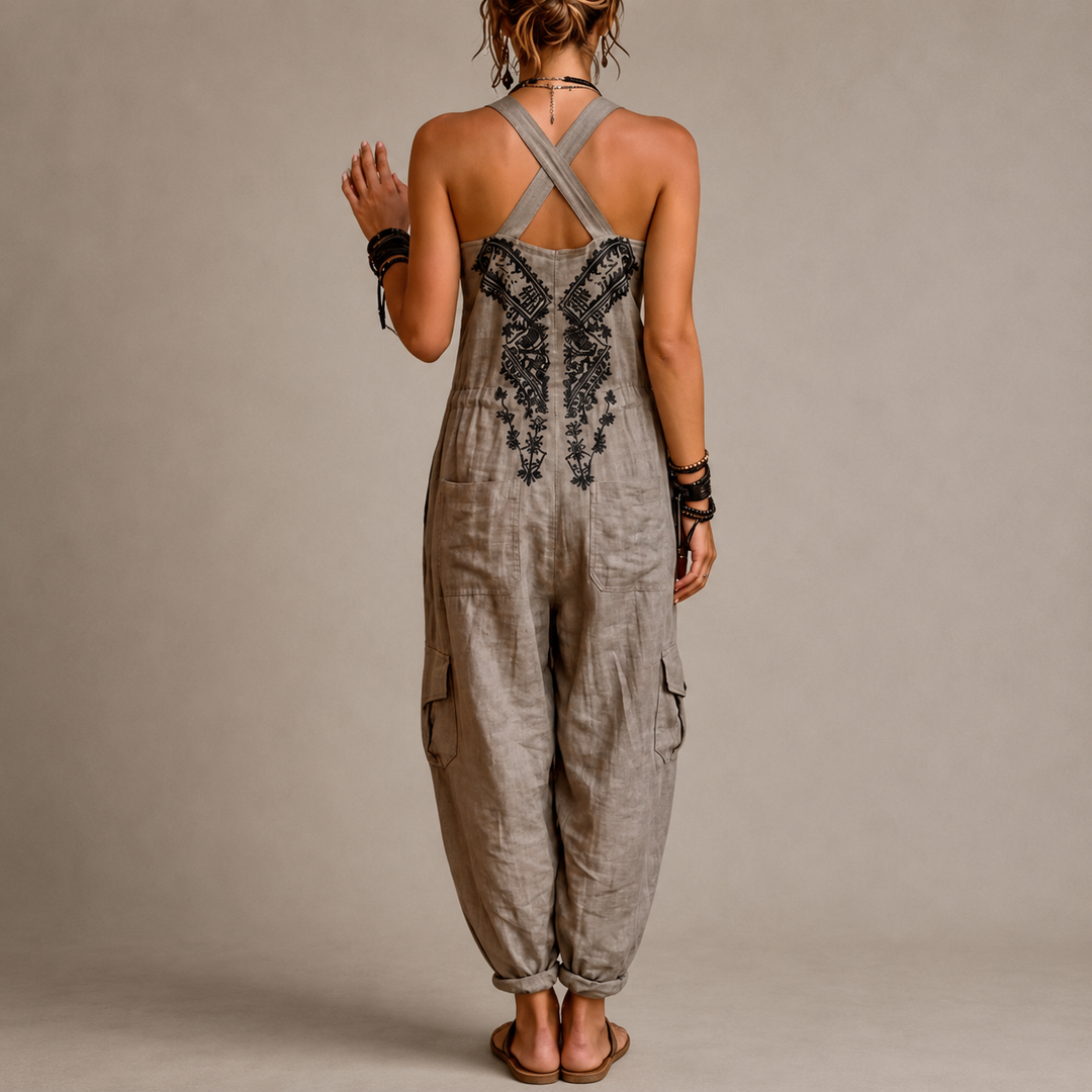 Astrid Bohemian Jumpsuit close-up of hand-embroidered detailing on neckline
