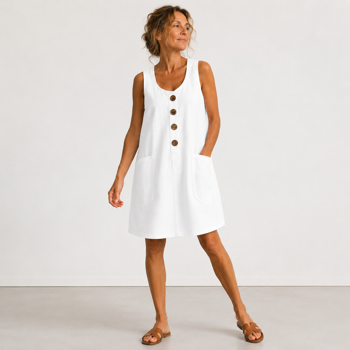 Clara Cotton Linen Summer Dress in White – sleeveless relaxed fit, front view