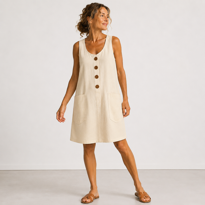 Clara Cotton Linen Summer Dress – U-neckline and decorative buttons detail
