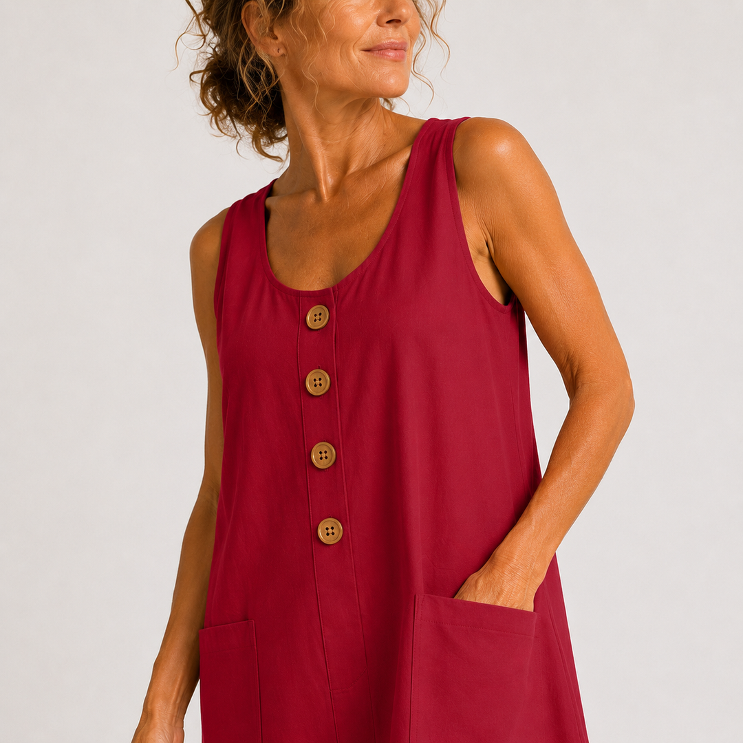 Clara Summer Dress detail shot – decorative buttons on lightweight cotton linen