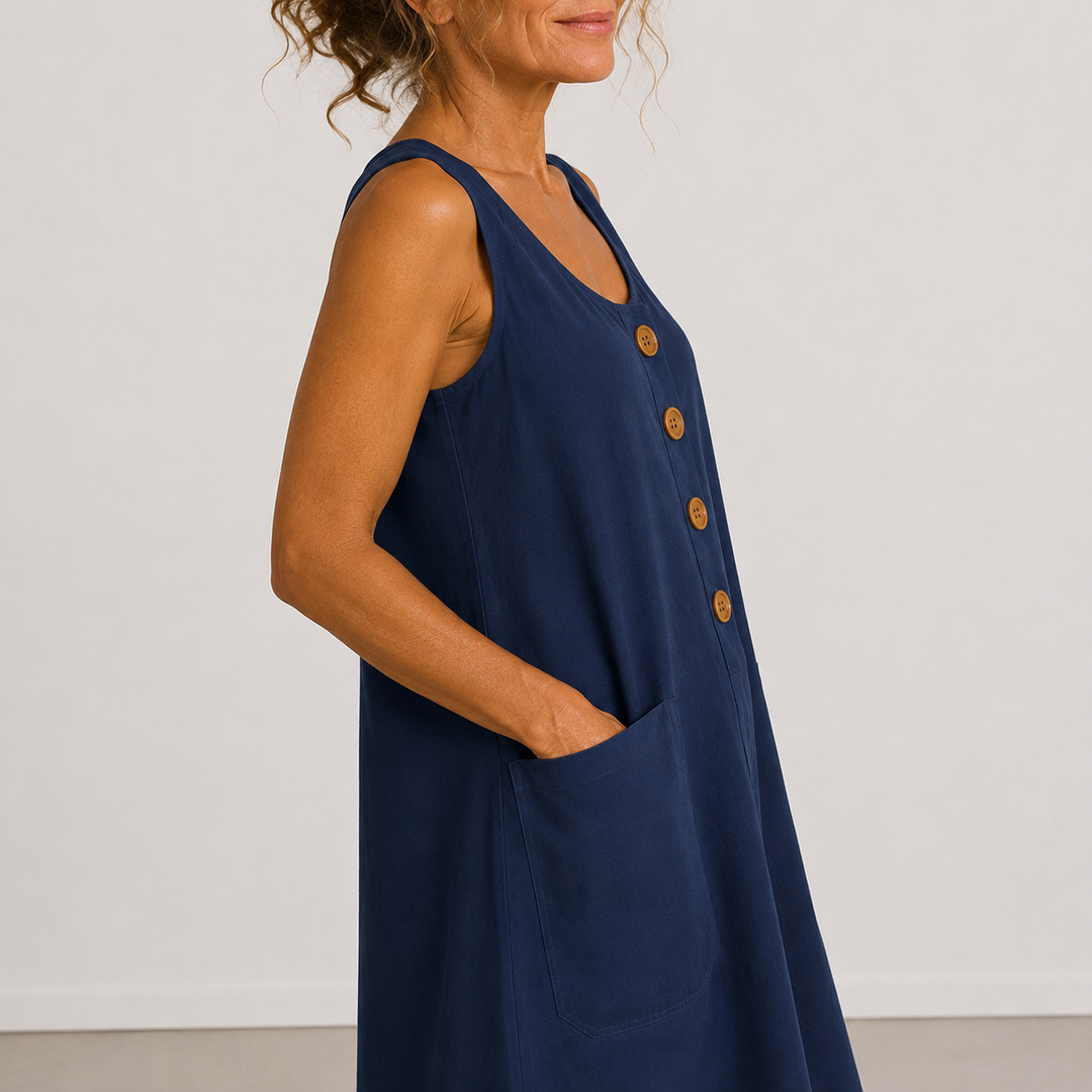 Clara Cotton Summer Dress full-length view – relaxed feminine silhouette