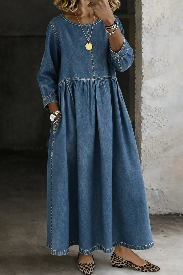 Melissa - Round Neck Long Sleeve Denim Dress