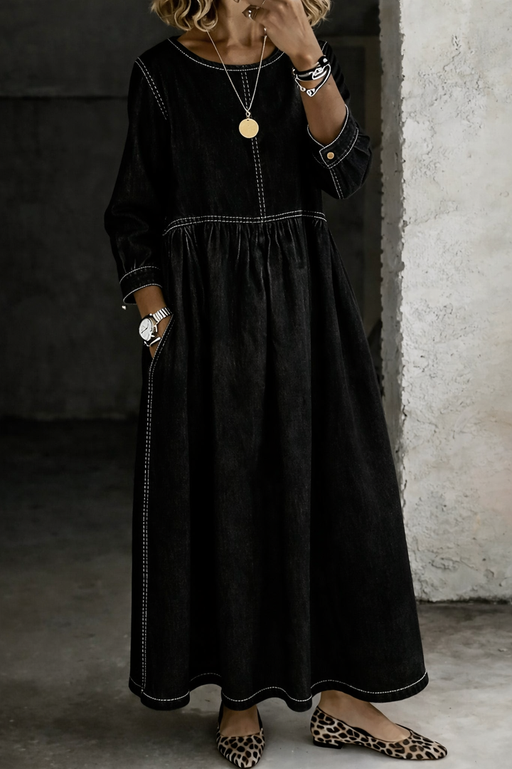 Melissa - Round Neck Long Sleeve Denim Dress