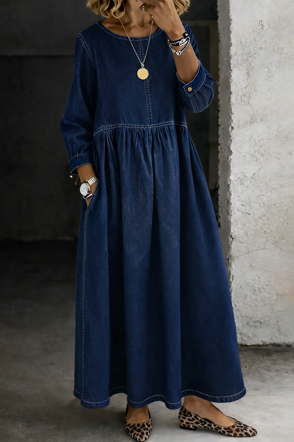 Melissa - Round Neck Long Sleeve Denim Dress