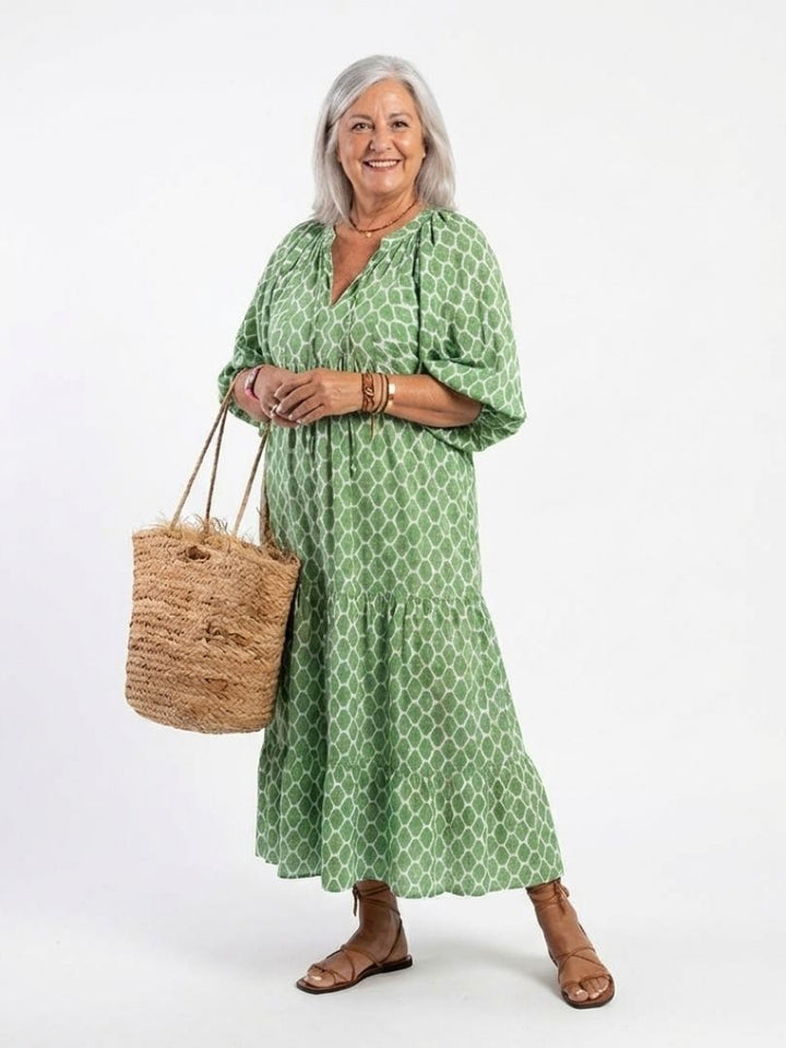 Sterling - Three Quarter Sleeve V Neck Patterned Midi Dress
