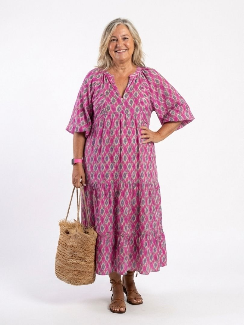 Sterling - Three Quarter Sleeve V Neck Patterned Midi Dress
