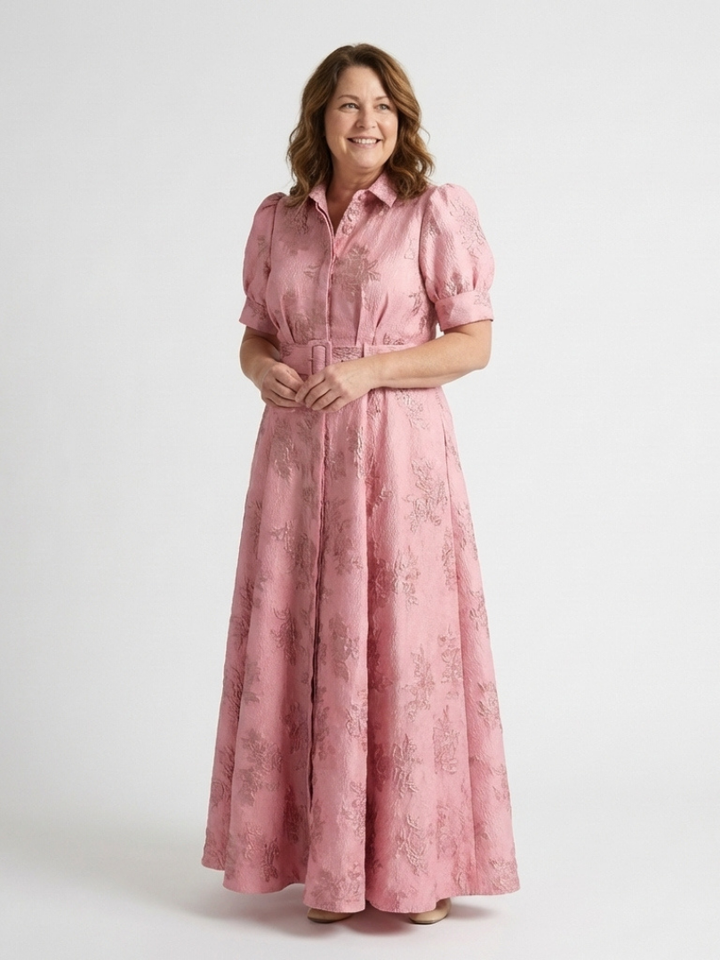Reagan - Short Sleeve Belted Floral Textured Maxi Shirt Dress