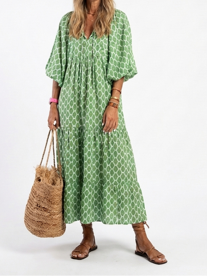Sterling - Three Quarter Sleeve V Neck Patterned Midi Dress