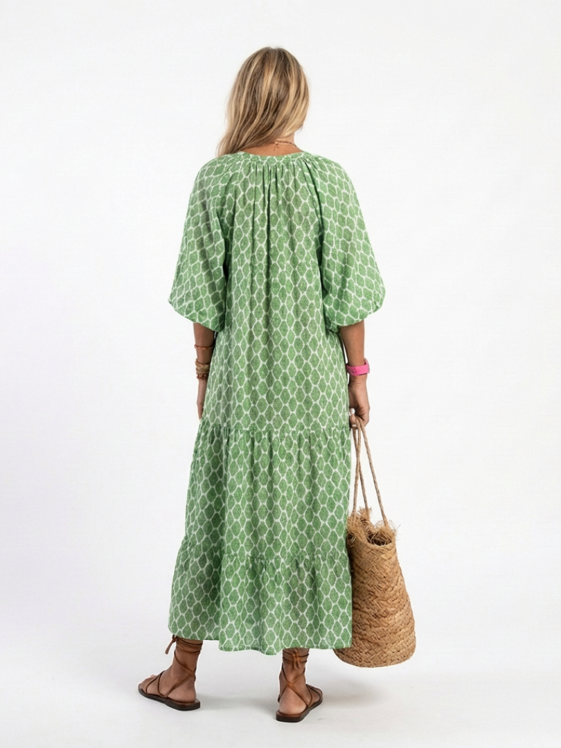 Sterling - Three Quarter Sleeve V Neck Patterned Midi Dress