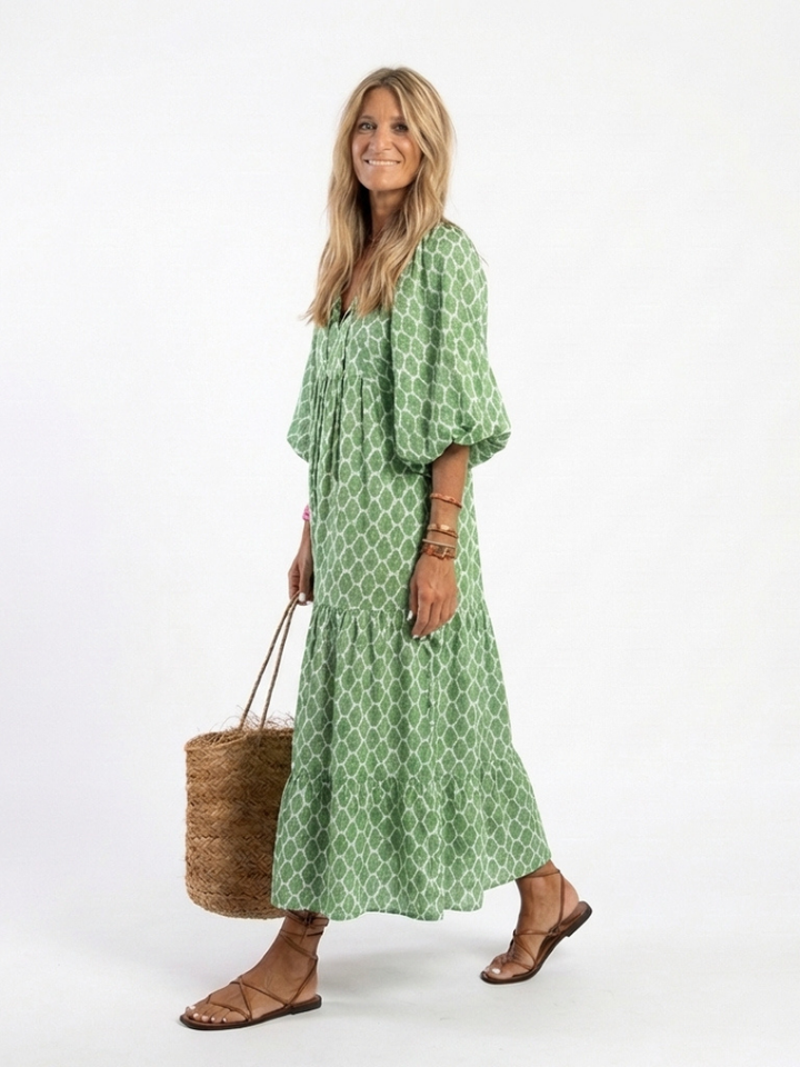 Sterling - Three Quarter Sleeve V Neck Patterned Midi Dress