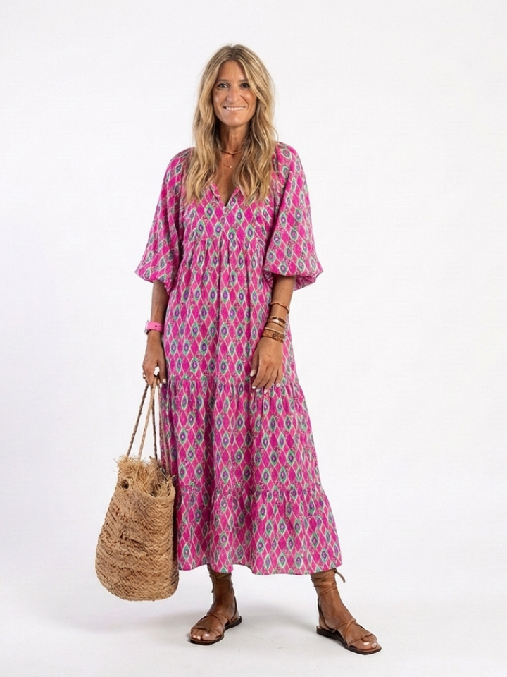 Sterling - Three Quarter Sleeve V Neck Patterned Midi Dress