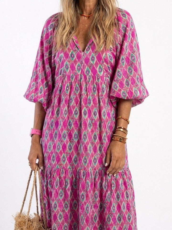 Sterling - Three Quarter Sleeve V Neck Patterned Midi Dress