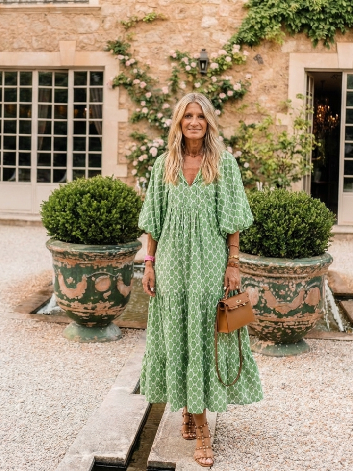 Sterling - Three Quarter Sleeve V Neck Patterned Midi Dress