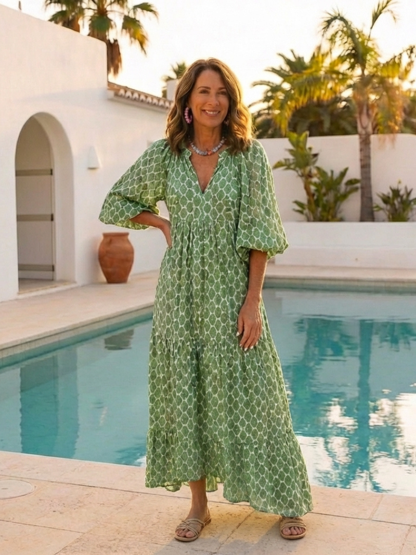 Sterling - Three Quarter Sleeve V Neck Patterned Midi Dress