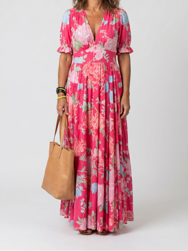 Teagan - Short Sleeve V Neck Floral Midi Dress