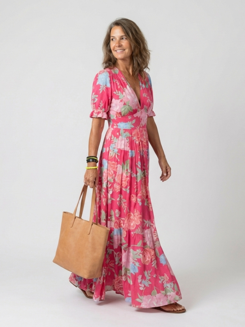 Teagan - Short Sleeve V Neck Floral Midi Dress