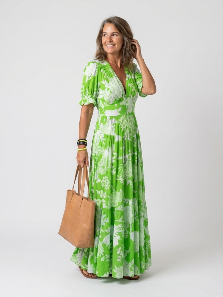 Teagan - Short Sleeve V Neck Floral Midi Dress