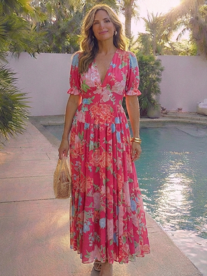 Teagan - Short Sleeve V Neck Floral Midi Dress
