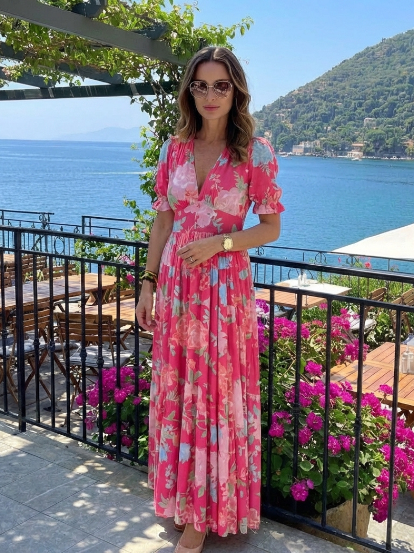 Teagan - Short Sleeve V Neck Floral Midi Dress