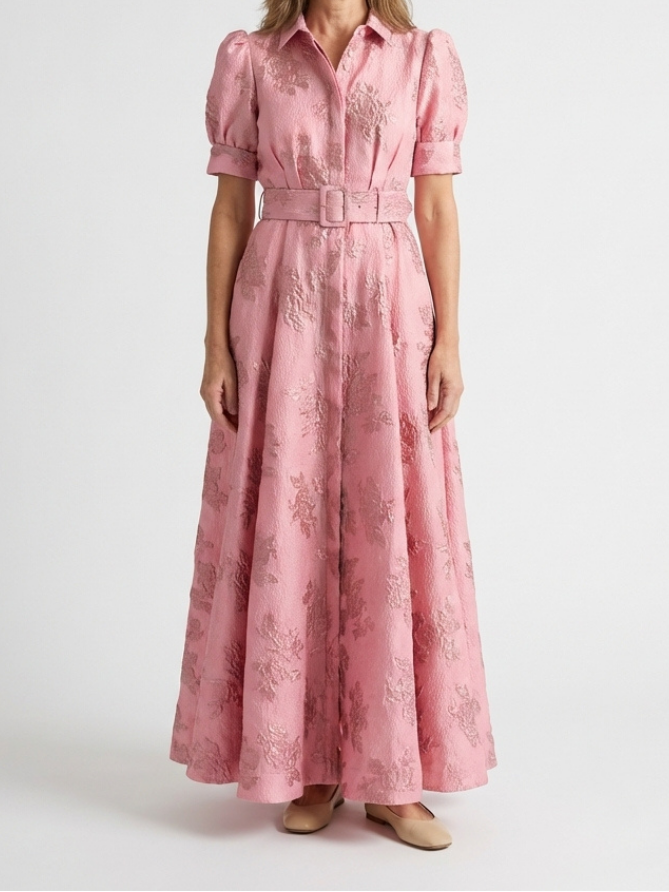 Reagan - Short Sleeve Belted Floral Textured Maxi Shirt Dress