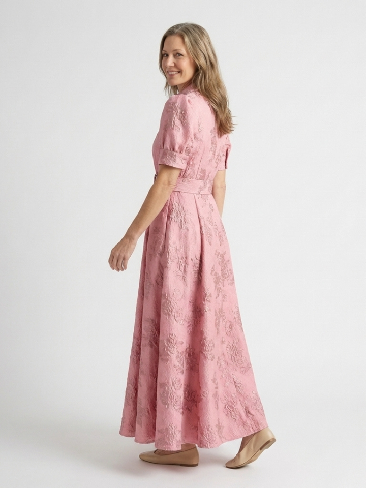 Reagan - Short Sleeve Belted Floral Textured Maxi Shirt Dress