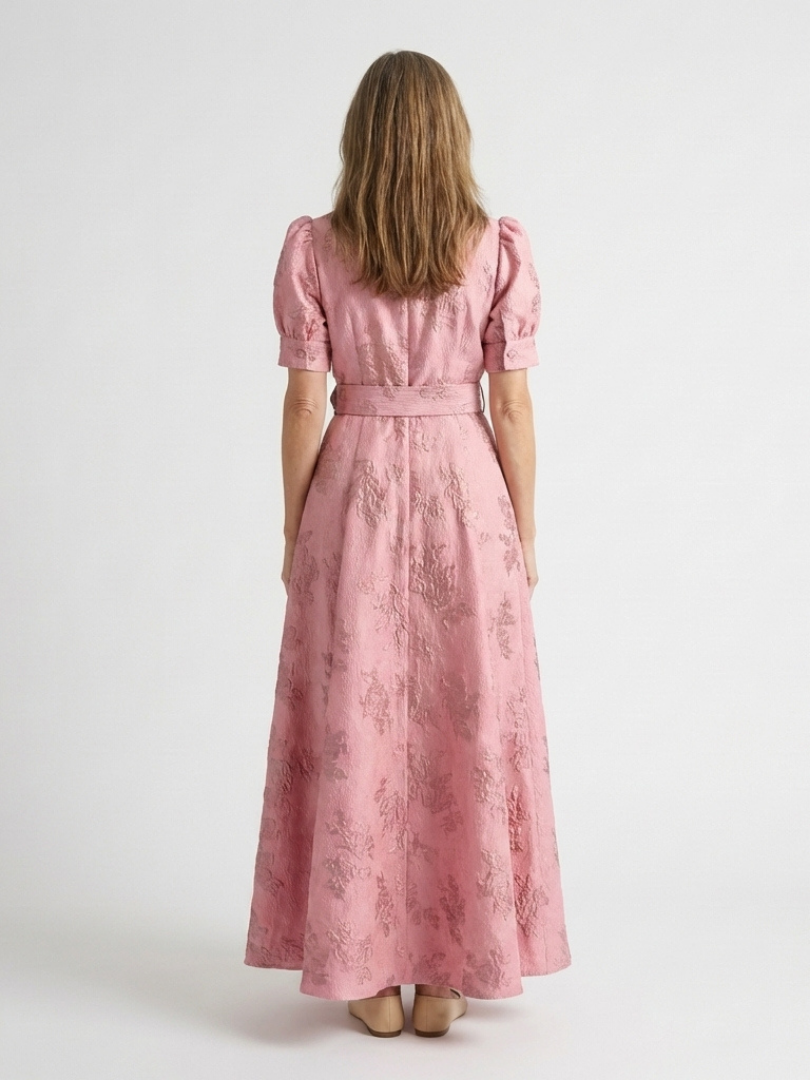 Reagan - Short Sleeve Belted Floral Textured Maxi Shirt Dress