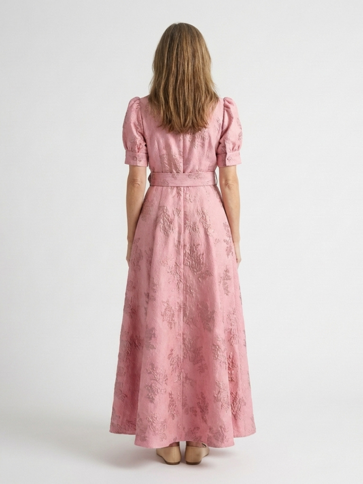 Reagan - Short Sleeve Belted Floral Textured Maxi Shirt Dress