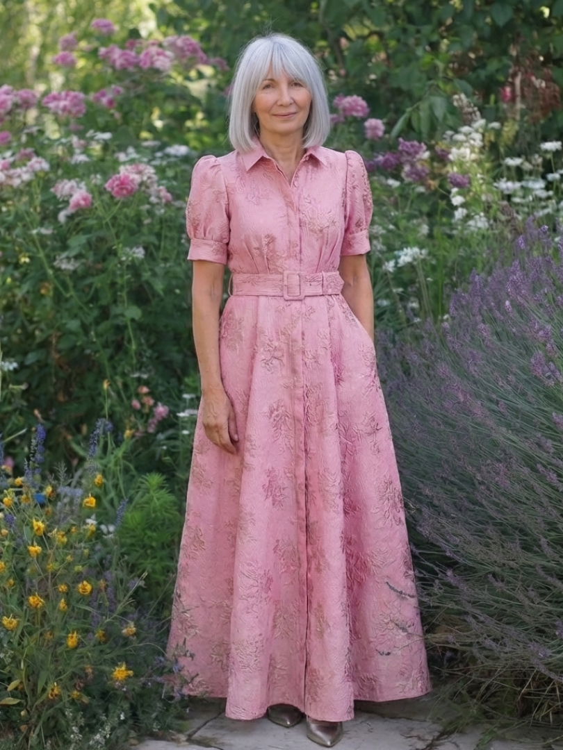 Reagan - Short Sleeve Belted Floral Textured Maxi Shirt Dress