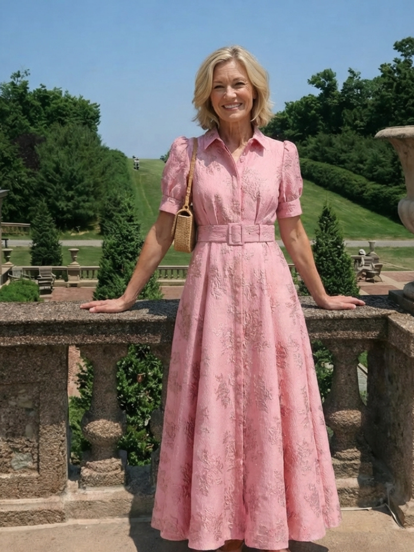 Reagan - Short Sleeve Belted Floral Textured Maxi Shirt Dress