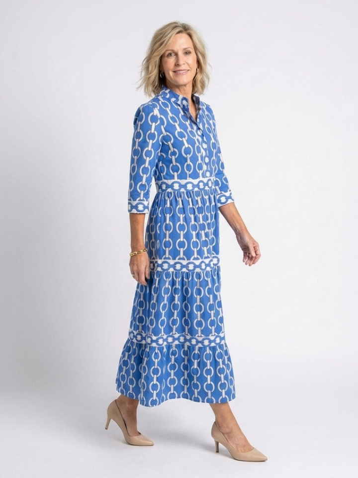 Rowan - Three Quarter Sleeve Chain Pattern Midi Dress