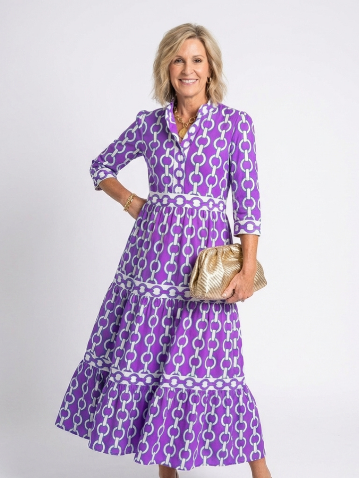 Rowan - Three Quarter Sleeve Chain Pattern Midi Dress