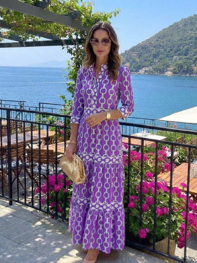 Rowan - Three Quarter Sleeve Chain Pattern Midi Dress