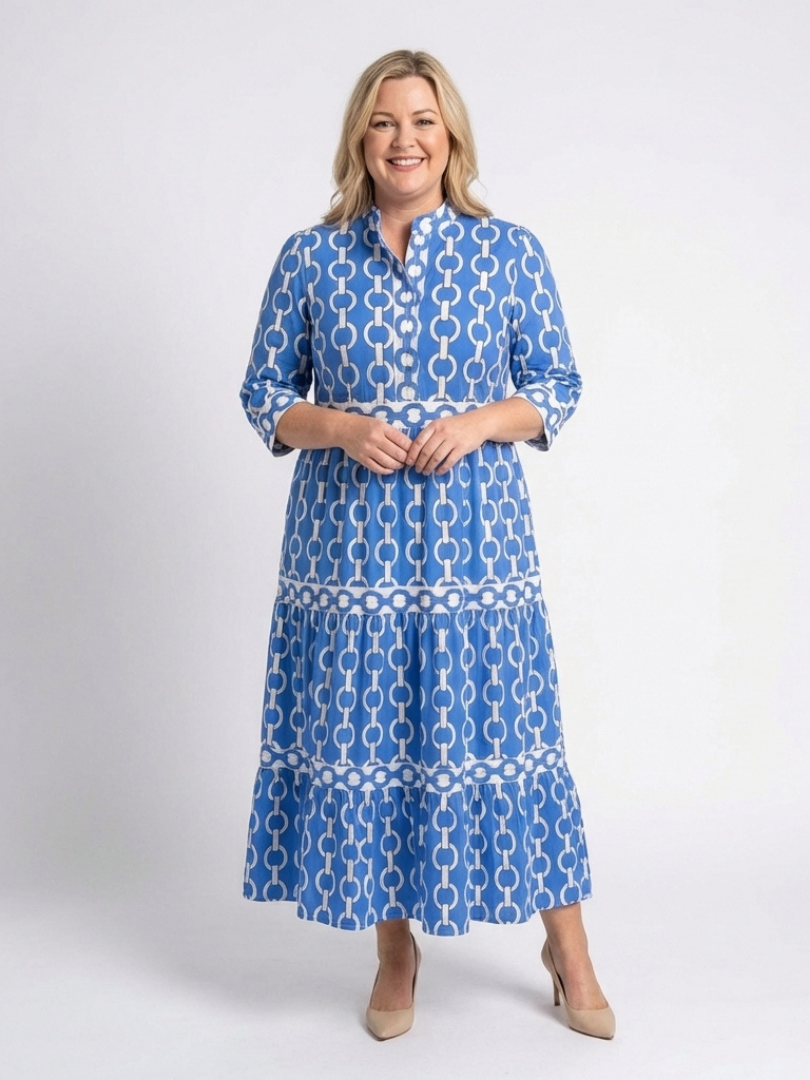 Rowan - Three Quarter Sleeve Chain Pattern Midi Dress