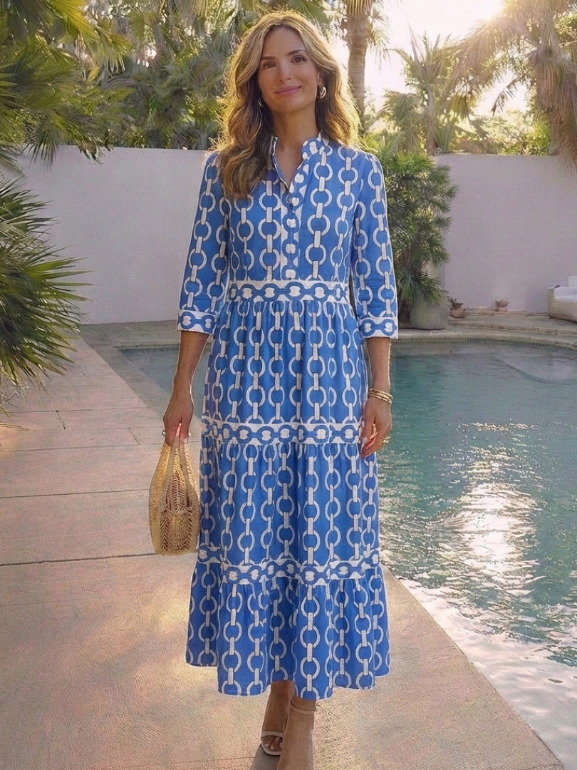 Rowan - Three Quarter Sleeve Chain Pattern Midi Dress