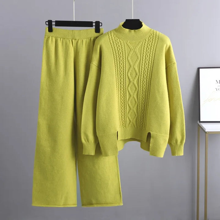 Women's Cable-Knit Loungewear Set with Mock Neck Jumper