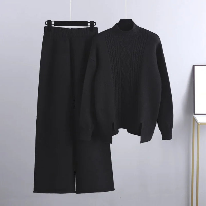 Women's Cable-Knit Loungewear Set with Mock Neck Jumper