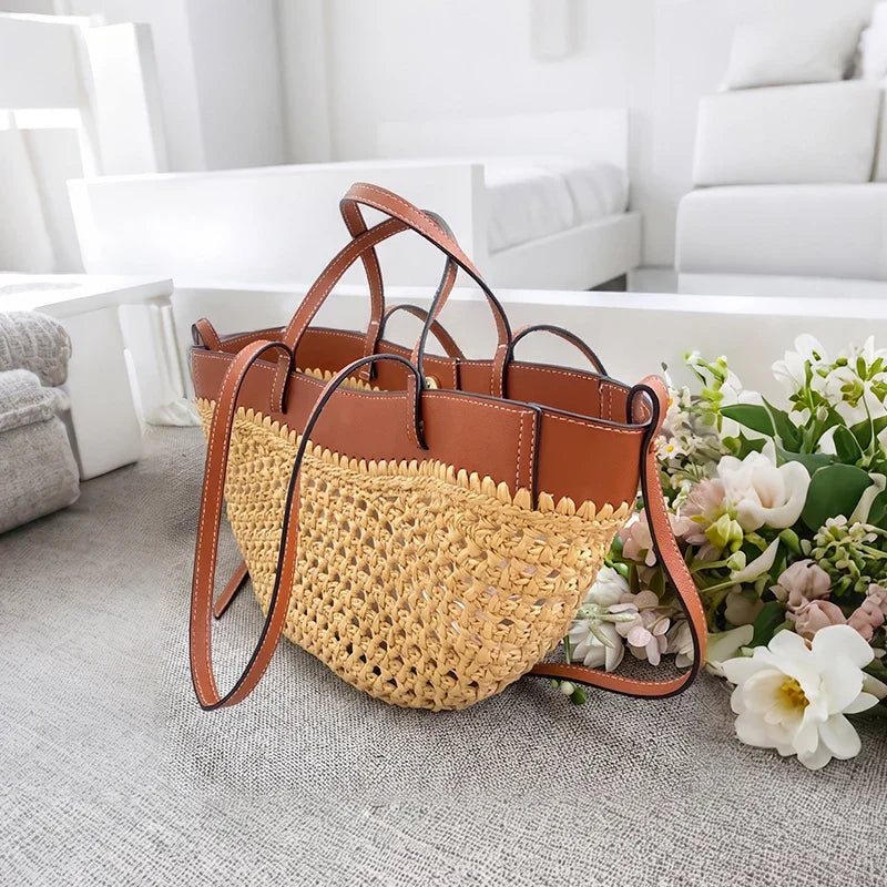 Addison – Refined Leather Raffia Tote
