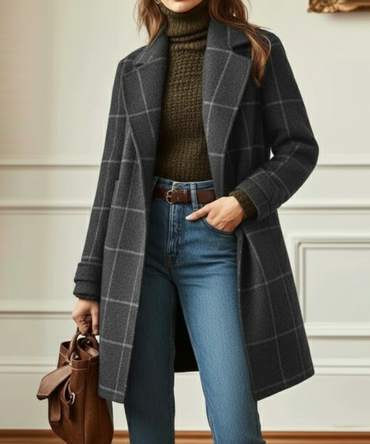Wool Blend Tweed Coat – Printed Long Coat for Autumn and Winter