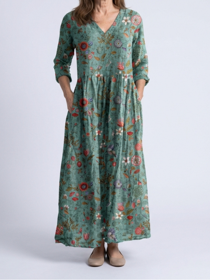 Tatum - Floral V Neck Three Quarter Sleeve Maxi Dress